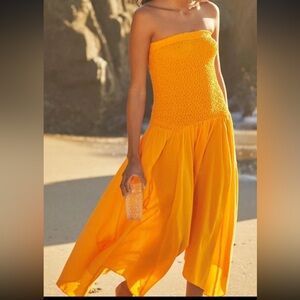 By Anthropologie Strapless Smocked Cover-Up Dress in Orange Size XS Beach Fun